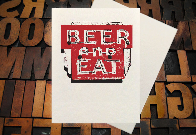 Letterpress Card with the image of an owl holding a wine glass in his foot and leaning towards the left