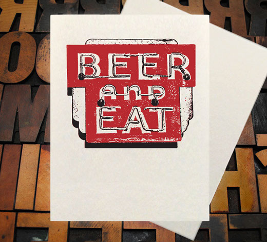 Letterpress Card with the image of an owl holding a wine glass in his foot and leaning towards the left