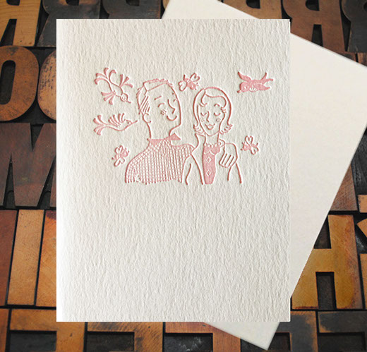 Letterpress Card with an image of a happy couple in pink
