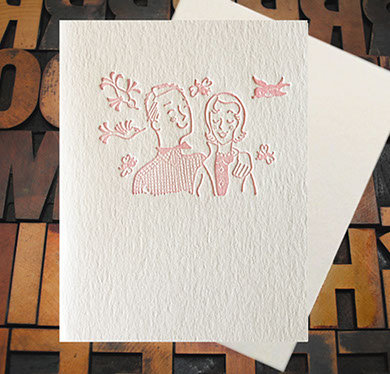 Letterpress Card with an image of a happy couple in pink