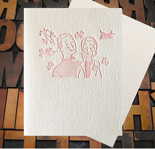 Letterpress Card with an image of a happy couple in pink