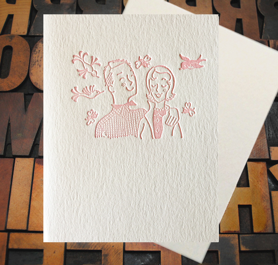 Letterpress Card with an image of a happy couple in pink