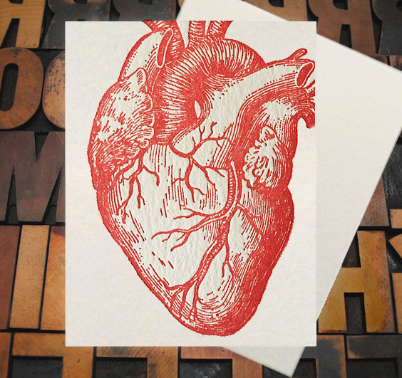 Letterpress Card with an image of a red anatomical heart