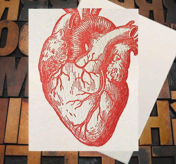 Letterpress Card with an image of a red anatomical heart