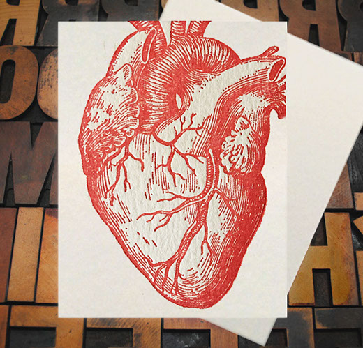 Letterpress Card with an image of a red anatomical heart