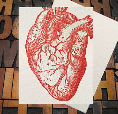 Letterpress Card with an image of a red anatomical heart