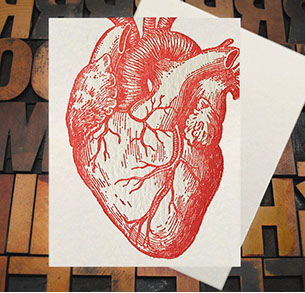 Letterpress Card with an image of a red anatomical heart