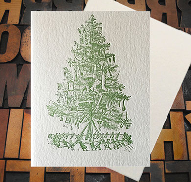 Letterpress Card with a Christmas tree covered in antique ornaments