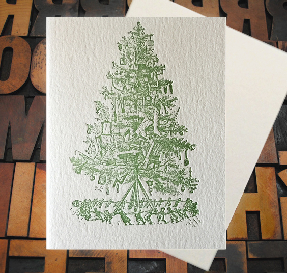 Letterpress Card with a Christmas tree covered in antique ornaments