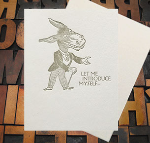 Letterpress Card with an image a donkey with the text, "Let me introduce myself"
