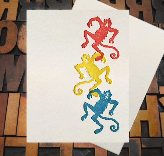 Letterpress Card with an image of three monkeys from a barrel