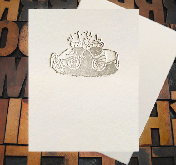 Letterpress Card with image of two hands toasting with vintage cordial glasses