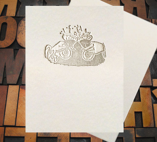 Letterpress Card with image of two hands toasting with vintage cordial glasses
