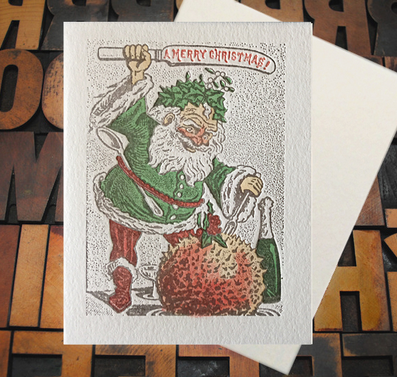 Letterpress Card with a knife wielding Santa the text, "Merry Christmas"