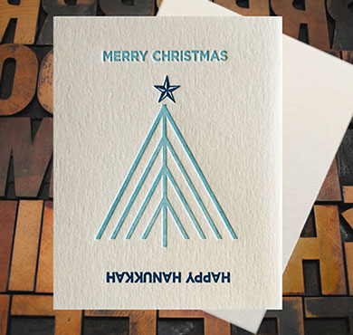 Letterpress Card with the text, "Merry Christmas/Happy Hanukkah" and a reversible tree/menorah