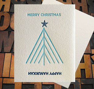 Letterpress Card with the text, "Merry Christmas/Happy Hanukkah" and a reversible tree/menorah