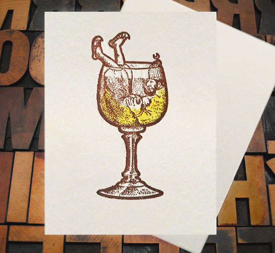 Letterpress Card with image of a rather drunk elf swimming in a beer glass