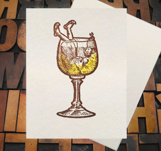 Letterpress Card with image of a rather drunk elf swimming in a beer glass