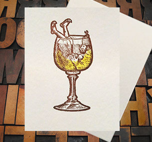 Letterpress Card with image of a rather drunk elf swimming in a beer glass