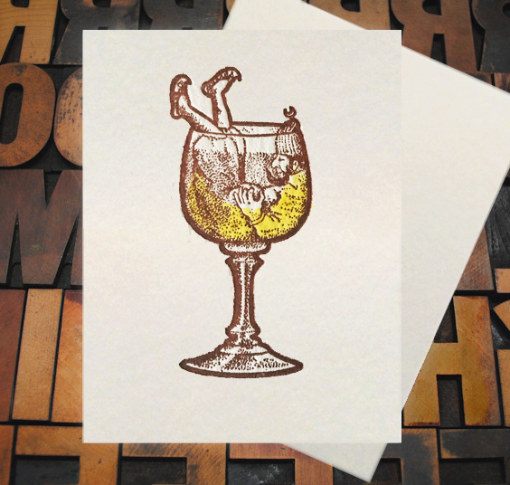 Letterpress Card with image of a rather drunk elf swimming in a beer glass