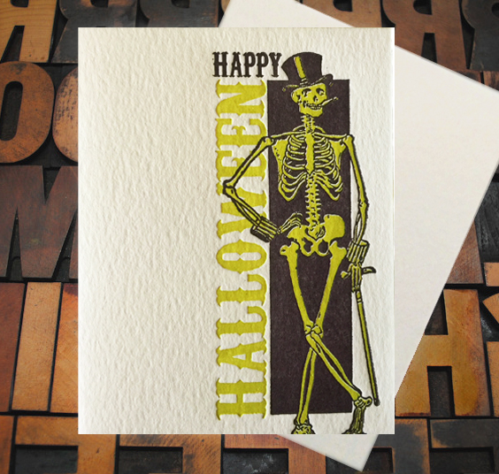 Letterpress Card with a skeleton wearing a top hat and the text, "Happy Halloween"