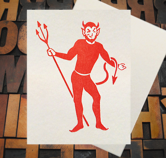 Letterpress Card with an image of a winking lil devil