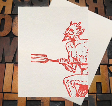 Letterpress Card with an image a devil with a pitchfork