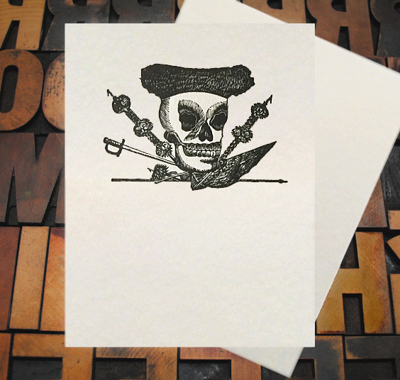 Letterpress Card with an image of a skull, swoard