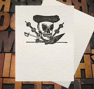 Letterpress Card with an image of a skull, swoard