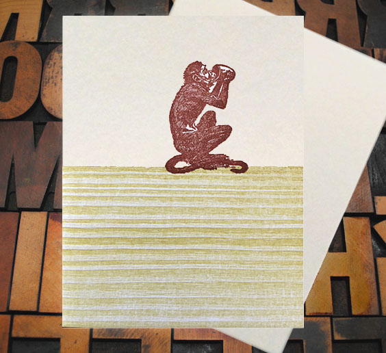 Letterpress Card with image of a monkey drinking