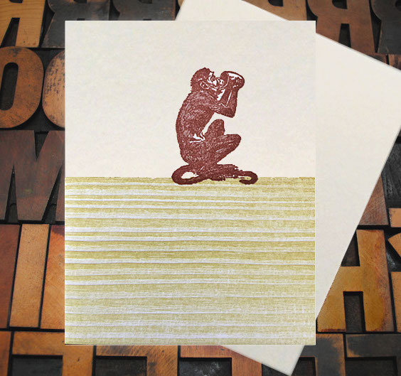 Letterpress Card with image of a monkey drinking