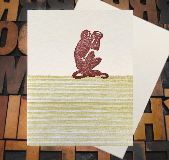 Letterpress Card with image of a monkey drinking
