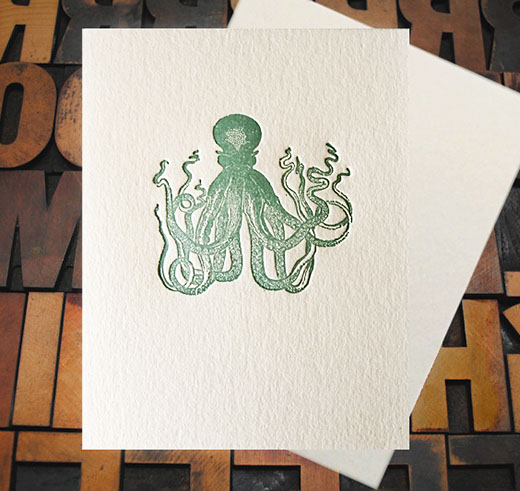 Letterpress Card with an image of a green octopus