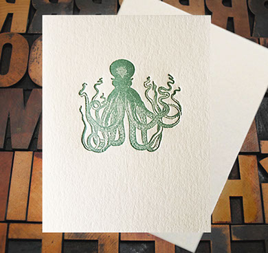 Letterpress Card with an image of a green octopus