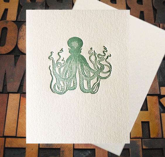 Letterpress Card with an image of a green octopus