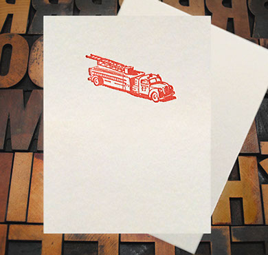 Letterpress Card with an image of a red fire truck