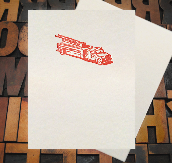 Letterpress Card with an image of a red fire truck