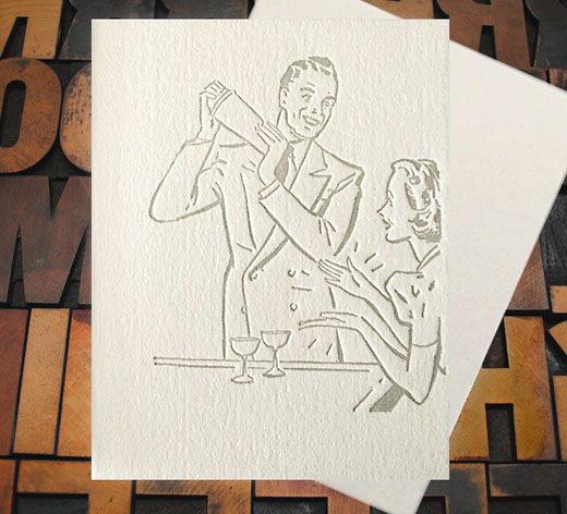 Letterpress Card with image of a '50s man shaking a cocktail and woman clapping her hands