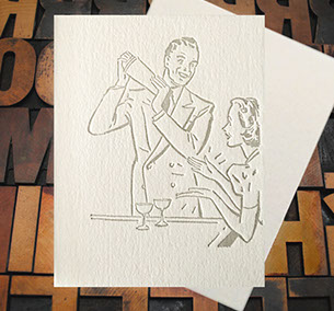 Letterpress Card with image of a '50s man shaking a cocktail and woman clapping her hands