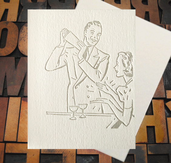 Letterpress Card with image of a '50s man shaking a cocktail and woman clapping her hands