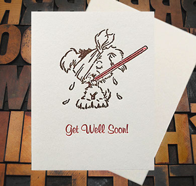 Letterpress Card with an image of a sick puppy and the text, "Get Well Soon!"