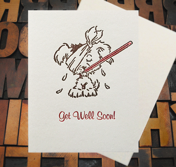 Letterpress Card with an image of a sick puppy and the text, "Get Well Soon!"