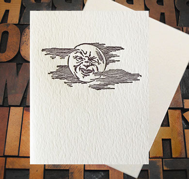 Letterpress Card with an image of the moon making a face
