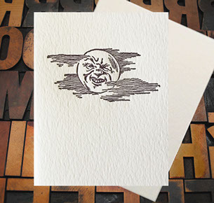 Letterpress Card with an image of the moon making a face