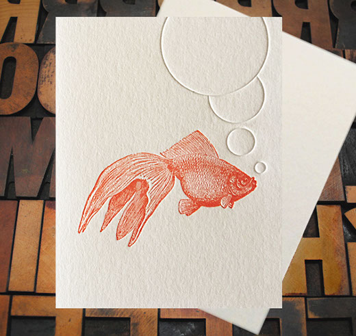 Letterpress Card with an image of a goldfish and air bubbles
