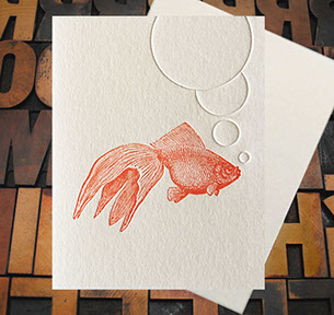 Letterpress Card with an image of a goldfish and air bubbles