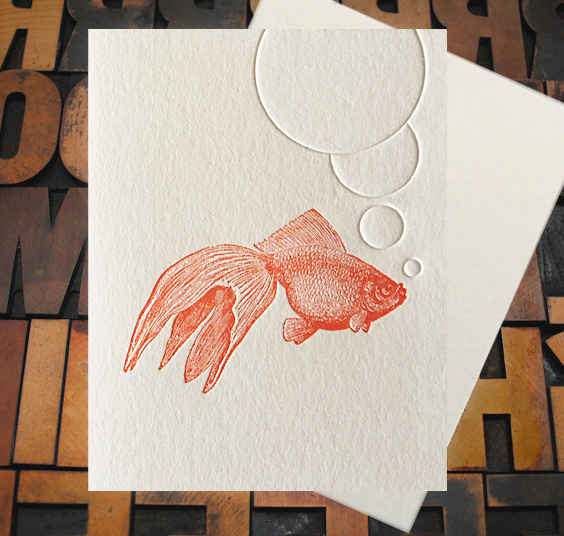 Letterpress Card with an image of a goldfish and air bubbles