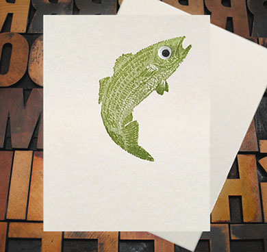 Letterpress Card with an image of a green fish, featuring a lovingly applied googly eye