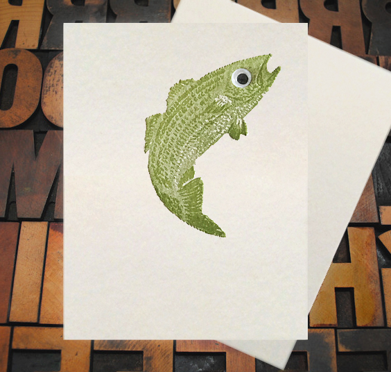Letterpress Card with an image of a green fish, featuring a lovingly applied googly eye