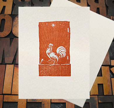 Letterpress Card with an image of a rooster on a wall